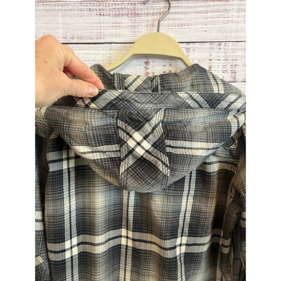 Carhartt women’s hooded flannel button up shirt, gray, and white size small 4/6 - Picture 6 of 13